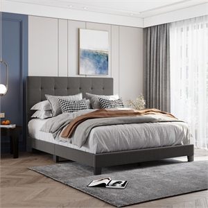 Afuera Living Queen Upholstered Platform Bed with Tufted Headboard in Gray