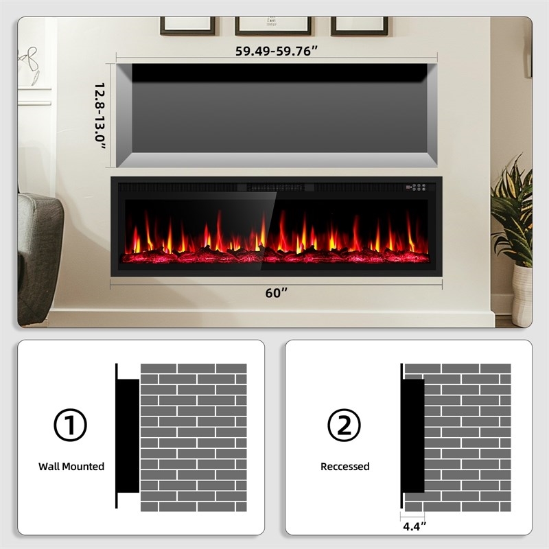 Afuera Living 60-Inch Black Recessed or Wall Mount Electric Fireplace