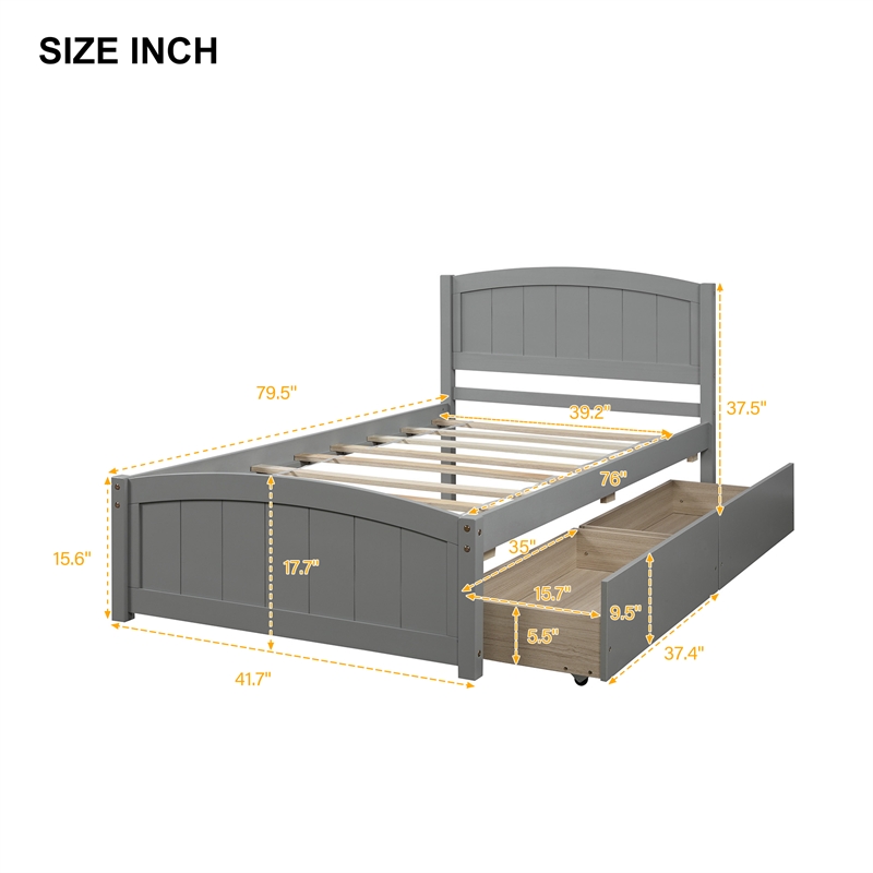 Afuera Living Twin Platform Bed with 2 Storage Drawers in Gray