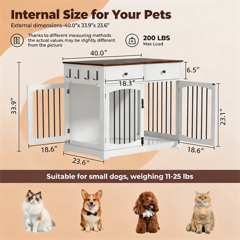 Afuera Living 40-Inch White Dog Crate Furniture with 2 Storage Drawers