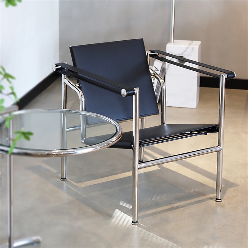 Afuera Living Black Double-Layer Saddle Leather Chair with Steel Frame