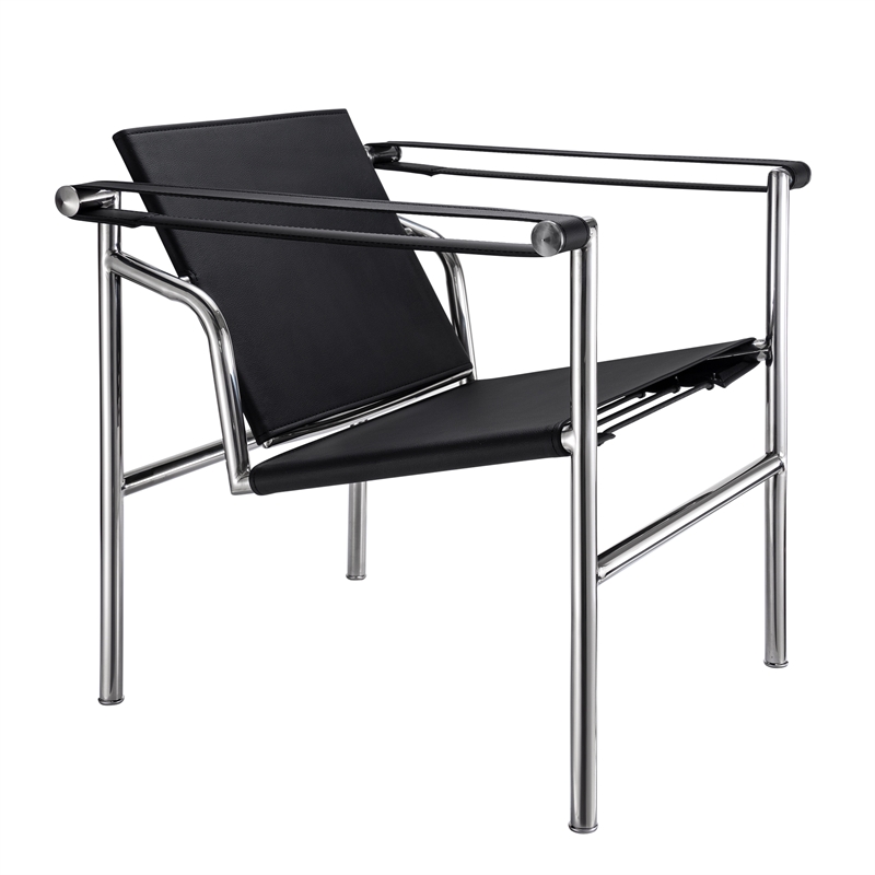 Afuera Living Black Double-Layer Saddle Leather Chair with Steel Frame