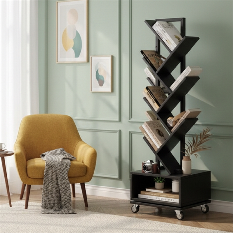 Afuera Living 360-Degree Rotating Double-V Bookcase with Lockable Wheels