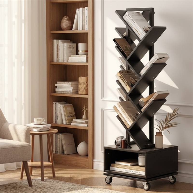 Afuera Living 360-Degree Rotating Double-V Bookcase with Lockable Wheels