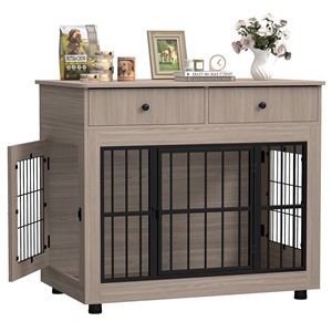 Afuera Living 40-Inch Gray 3-Door Dog Crate Furniture with 2 Drawers