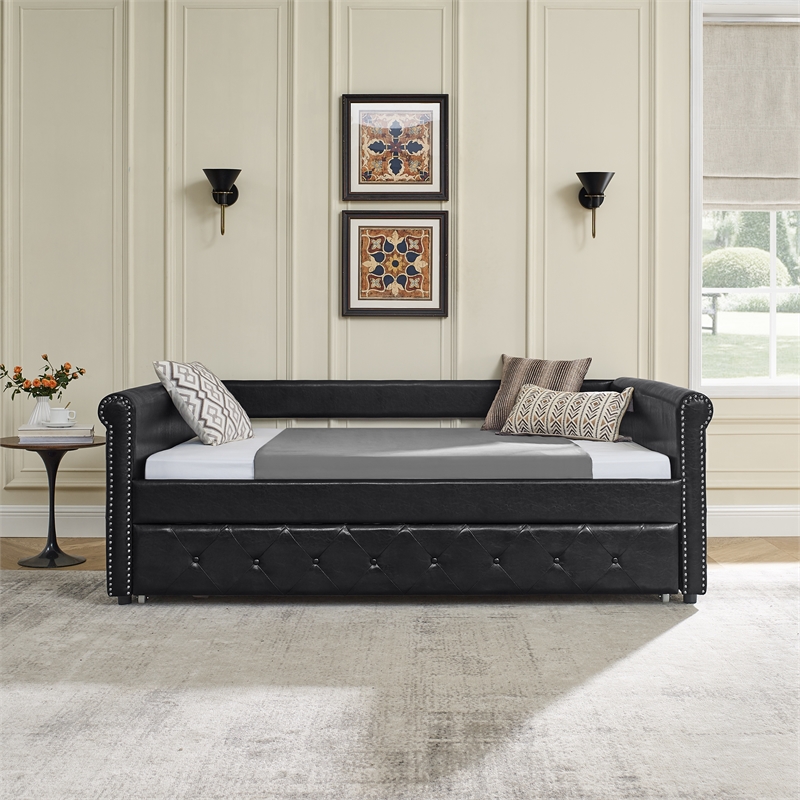 Afuera Living Black Button-Tufted Daybed with Roll-Out Trundle