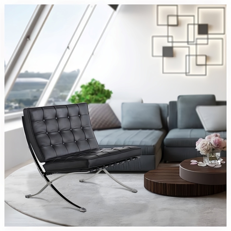 Afuera Living 30-Inch Black Genuine Leather Button-Tufted Accent Chair