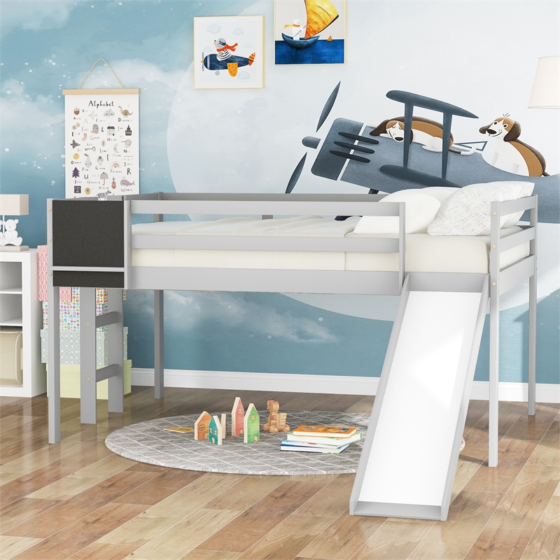 Afuera Living Gray Full Loft Bed with Slide & Stairs & Chalkboard
