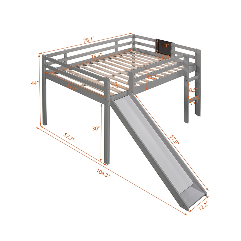 Afuera Living Gray Full Loft Bed with Slide & Stairs & Chalkboard