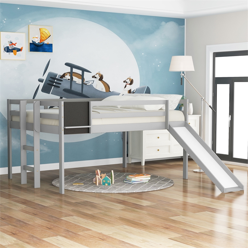 Afuera Living Gray Full Loft Bed with Slide & Stairs & Chalkboard