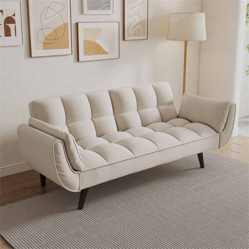 Afuera Living Beige Velvet Convertible Sofa Bed for Small Spaces
