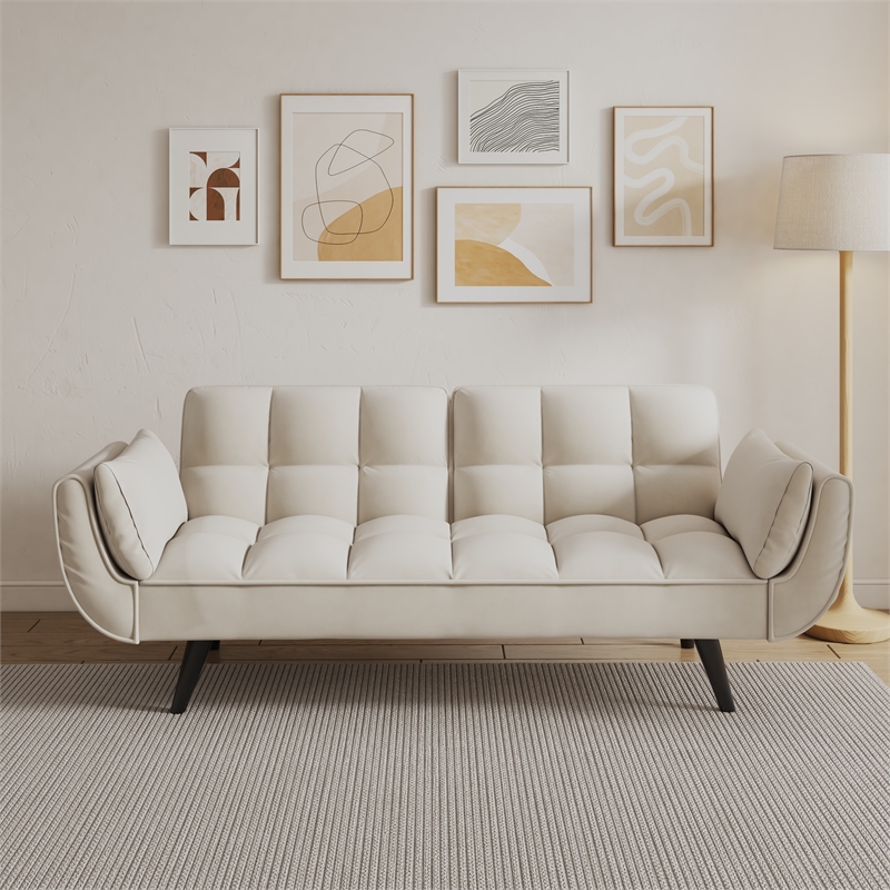Afuera Living Beige Velvet Convertible Sofa Bed for Small Spaces