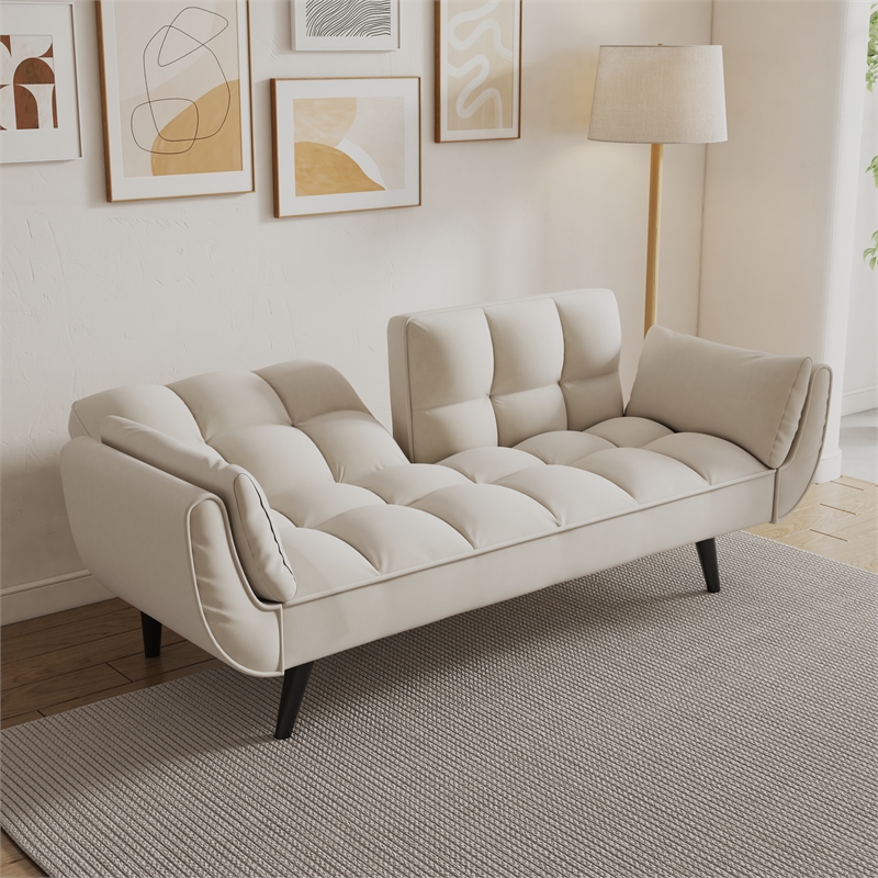 Afuera Living Beige Velvet Convertible Sofa Bed for Small Spaces