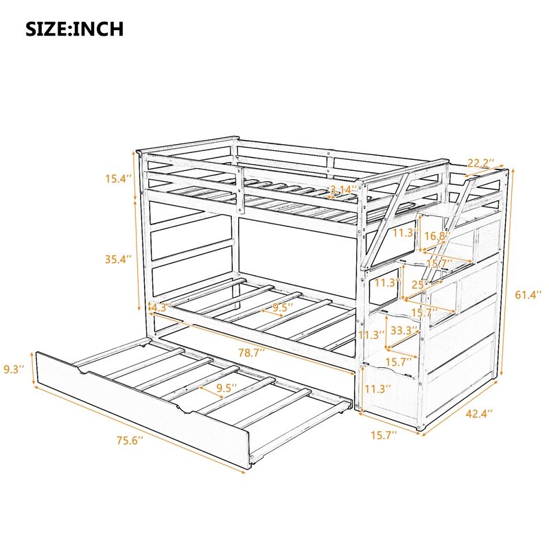 Afuera Living Twin-Over-Twin Bunk Bed with Trundle and 3 Storage Stairs