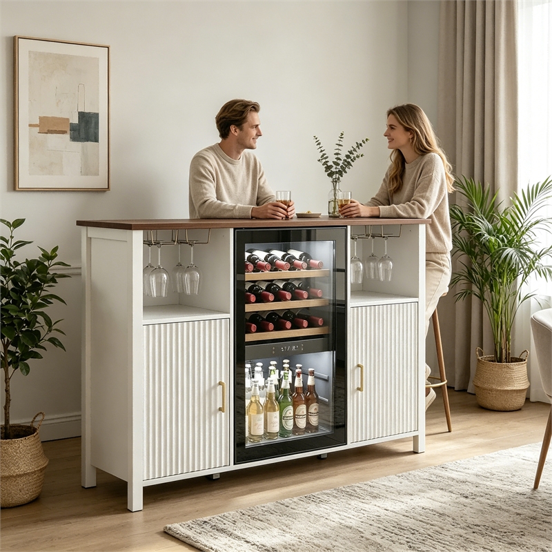 Afuera Living 53-Inch White Coffee Bar Cabinet with Mini Fridge Space