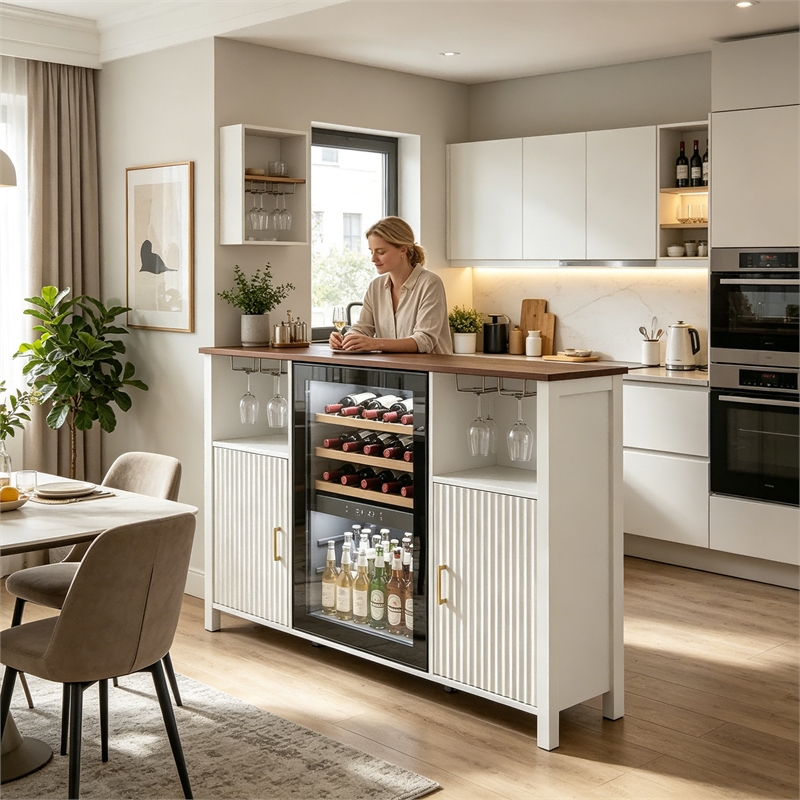 Afuera Living 53-Inch White Coffee Bar Cabinet with Mini Fridge Space