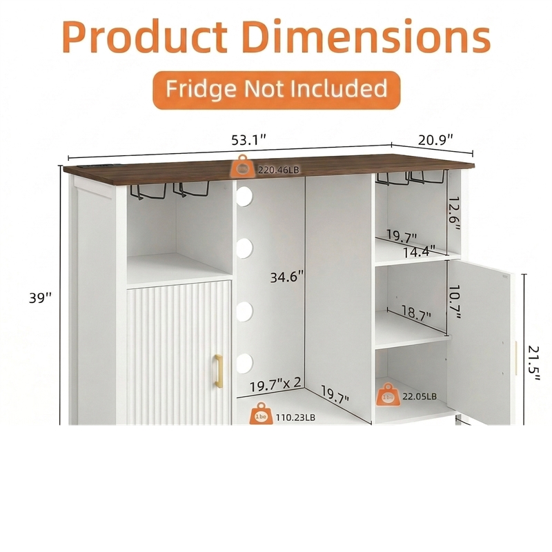 Afuera Living 53-Inch White Coffee Bar Cabinet with Mini Fridge Space