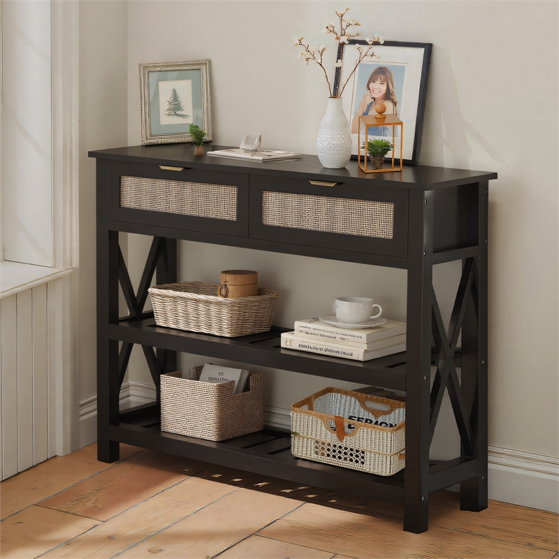 Afuera Living 39-Inch Black Entryway Table with Rattan Drawers