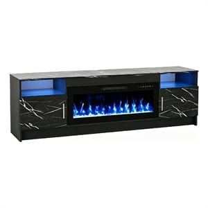 Afuera Living 70-Inch Black TV Stand with 36-Inch Fireplace and Marble Top