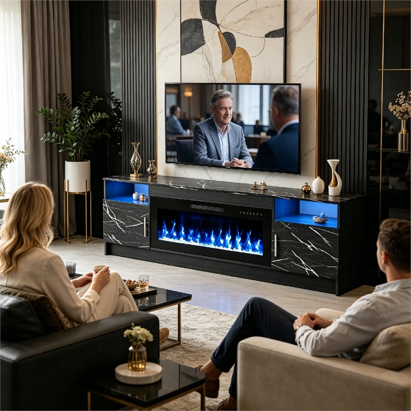 Afuera Living 70-Inch Black TV Stand with 36-Inch Fireplace and Marble Top