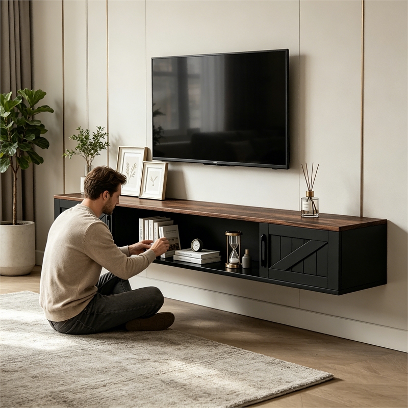 Afuera Living 80-Inch Black Floating TV Stand for TVs up to 80 Inch