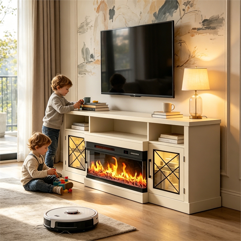 Afuera Living 65-Inch White TV Stand with 30-Inch Glass Fireplace