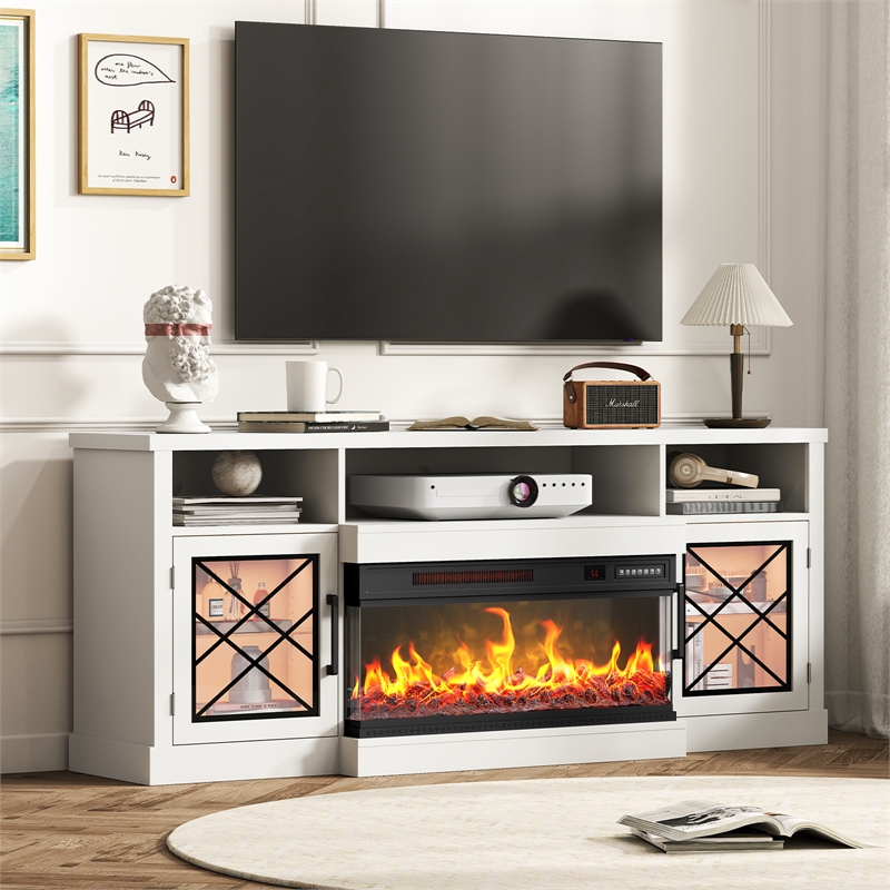 Afuera Living 65-Inch White TV Stand with 30-Inch Glass Fireplace