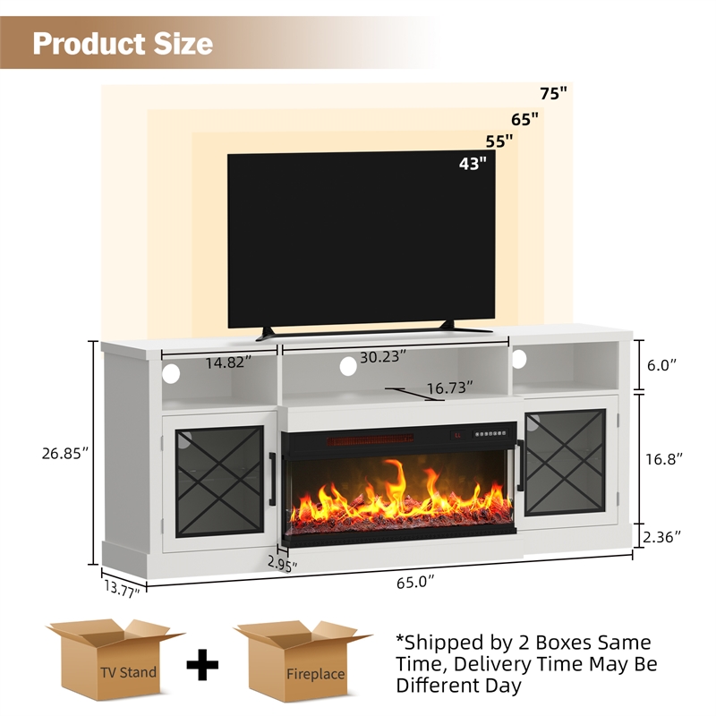 Afuera Living 65-Inch White TV Stand with 30-Inch Glass Fireplace