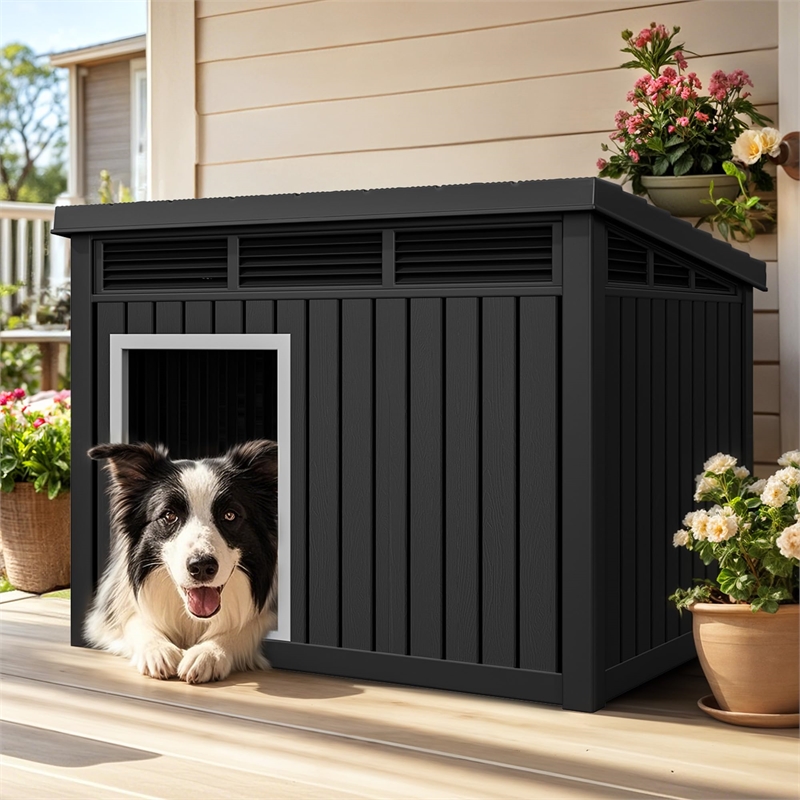 Afuera Living Black Dog House with Lockable Latch for Small to Medium Pets