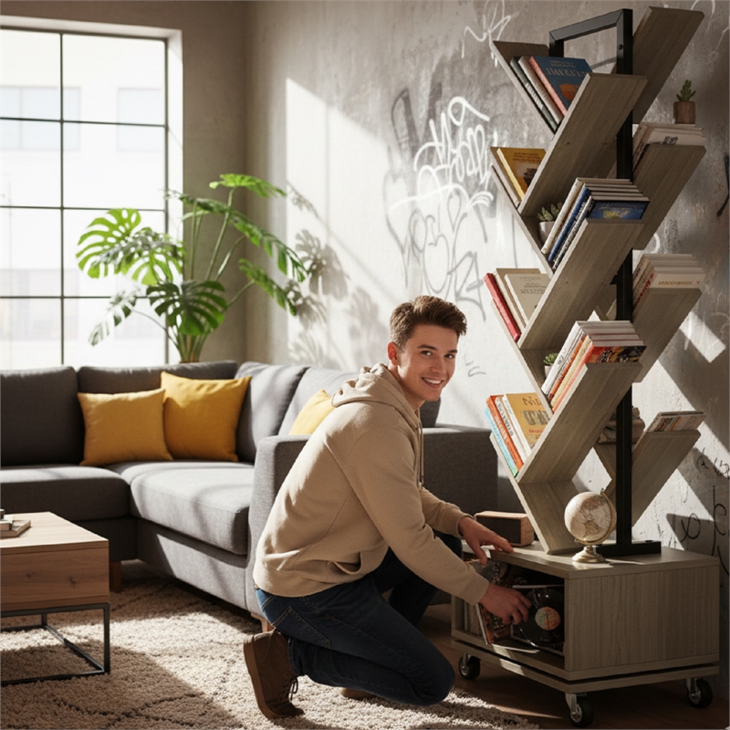 Afuera Living Gray 360-Degree Rotating Bookcase with Storage Cabinet