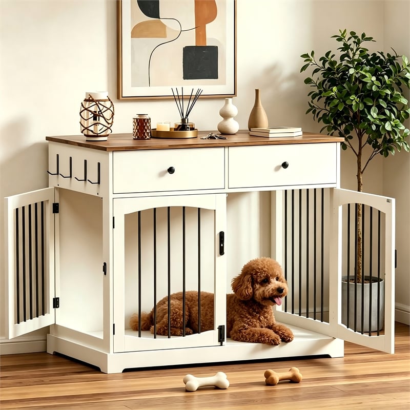 Afuera Living 40-Inch White Dog Crate Furniture with 2 Drawers