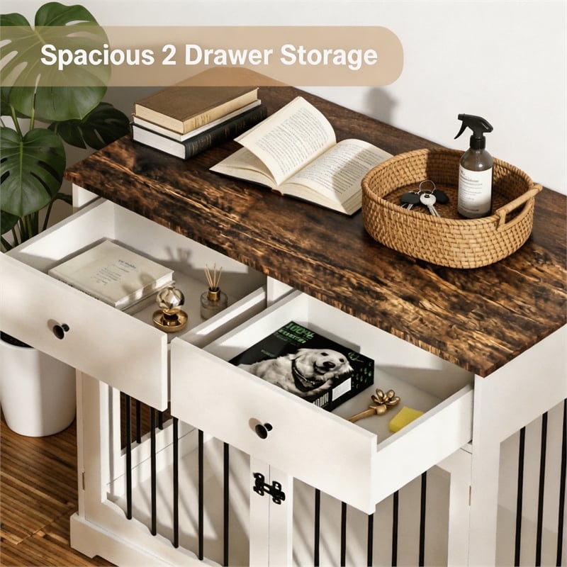 Afuera Living 40-Inch White Dog Crate Furniture with 2 Drawers