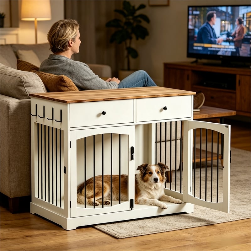 Afuera Living 40-Inch White Dog Crate Furniture with 2 Drawers