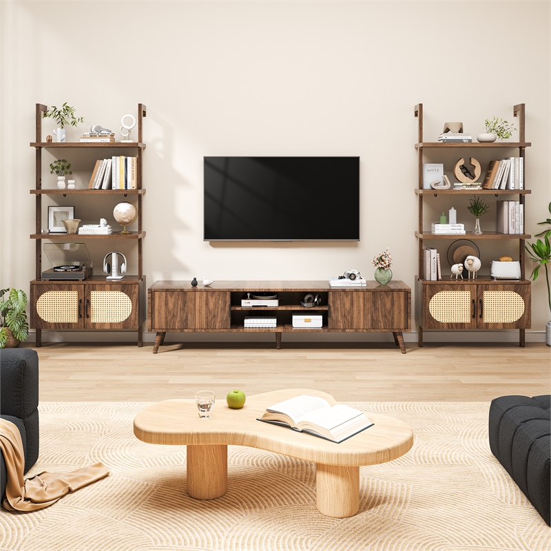 Afuera Living Boho Wall-Mounted Bookshelf with Rattan Cabinet in Light Brown