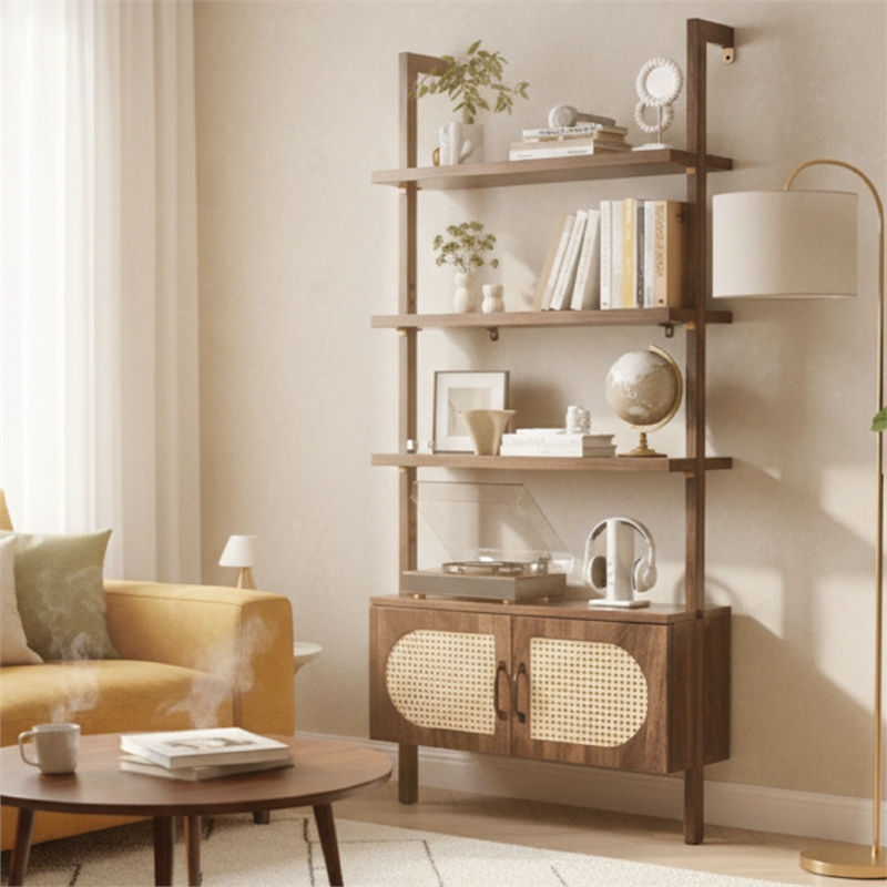 Afuera Living Boho Wall-Mounted Bookshelf with Rattan Cabinet in Light Brown