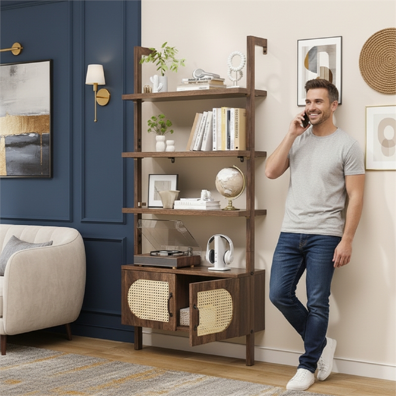 Afuera Living Boho Wall-Mounted Bookshelf with Rattan Cabinet in Light Brown