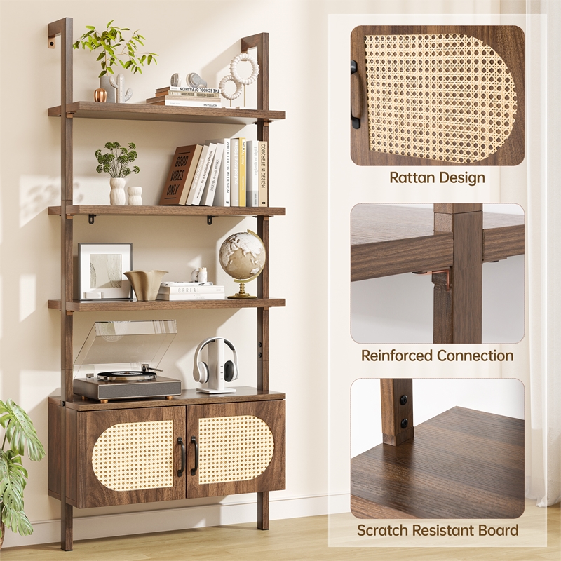 Afuera Living Boho Wall-Mounted Bookshelf with Rattan Cabinet in Light Brown