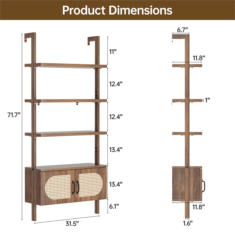Afuera Living Boho Wall-Mounted Bookshelf with Rattan Cabinet in Light Brown