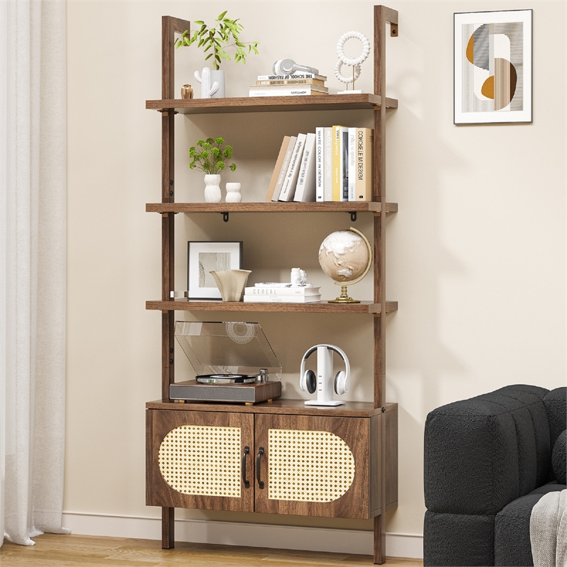Afuera Living Boho Wall-Mounted Bookshelf with Rattan Cabinet in Light Brown