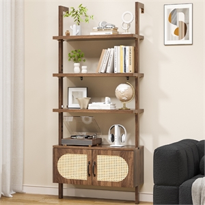 Afuera Living Boho Wall-Mounted Bookshelf with Rattan Cabinet in Light Brown