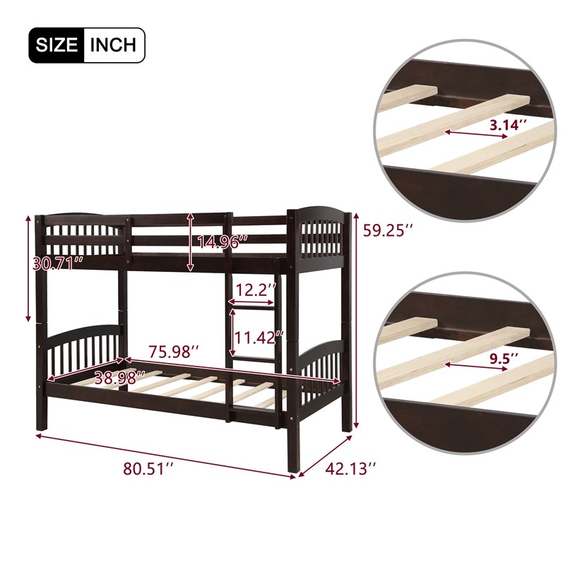Afuera Living Espresso Twin-Over-Twin Wood Bunk Bed with Ladder