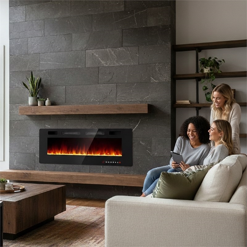 Afuera Living 60-Inch Ultra-Thin Black Recessed Electric Fireplace