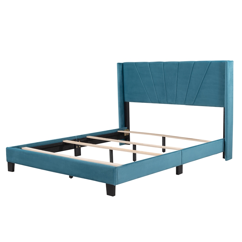 Afuera Living Contemporary Blue Queen Velvet Upholstered Platform Bed