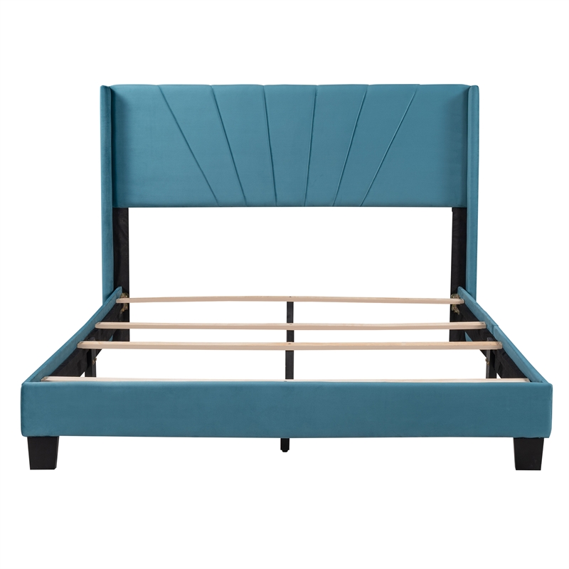 Afuera Living Contemporary Blue Queen Velvet Upholstered Platform Bed