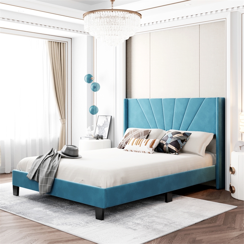 Afuera Living Contemporary Blue Queen Velvet Upholstered Platform Bed