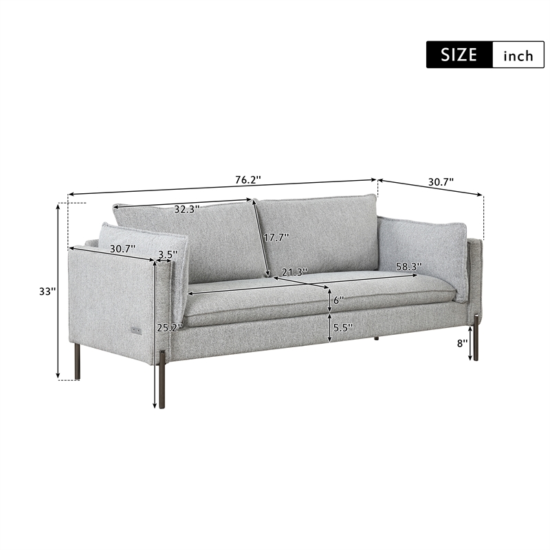 Afuera Living Gray 76-Inch Linen 3-Seat Sofa with USB Charging