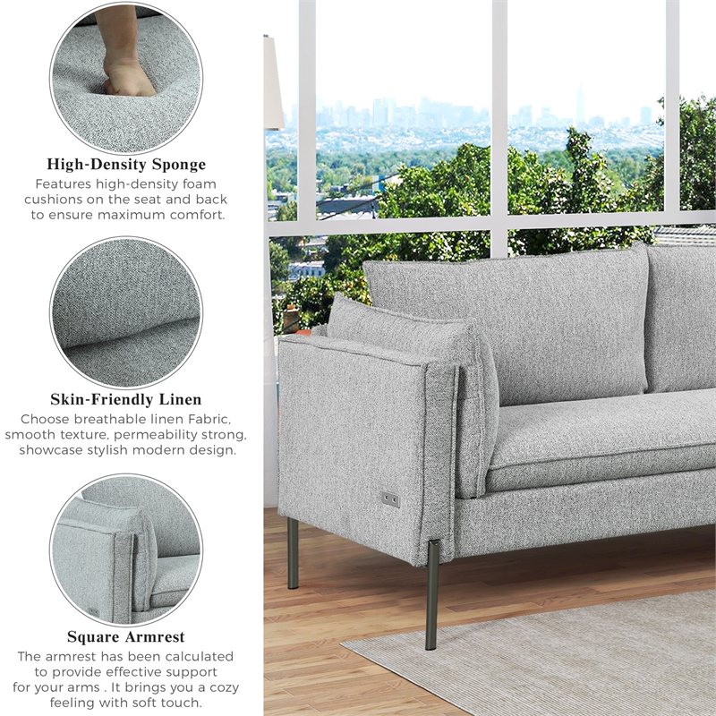 Afuera Living Gray 76-Inch Linen 3-Seat Sofa with USB Charging