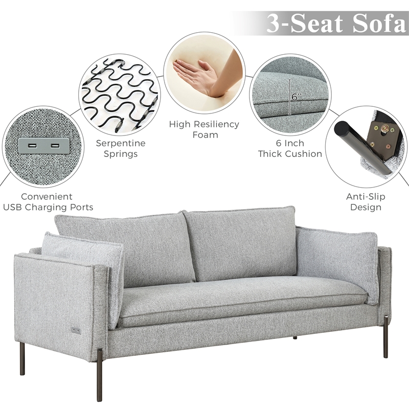 Afuera Living Gray 76-Inch Linen 3-Seat Sofa with USB Charging