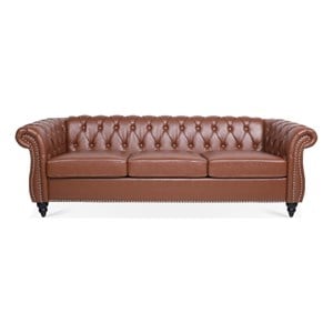 Afuera Living 84-Inch Brown PU Leather Chesterfield 3-Seat Sofa