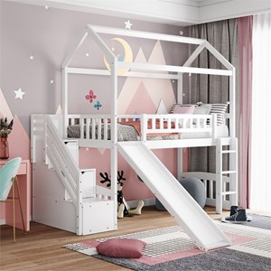 Afuera Living White Twin Loft Bed with Slide & Drawers & Playhouse Design